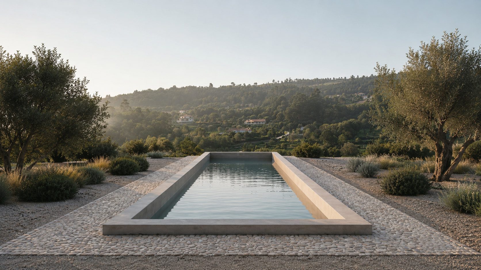 Piscina LÍNEA em betão, minimalista, com vista sobre o vale do Minho
