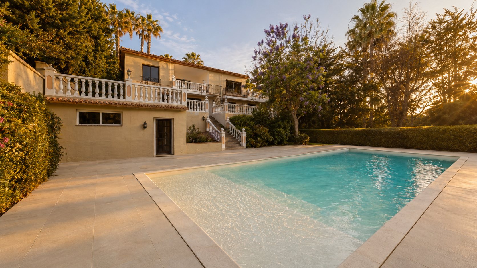 Piscina renovada por LÍNEA en una villa de Sotogrande, líneas contemporáneas y agua serena